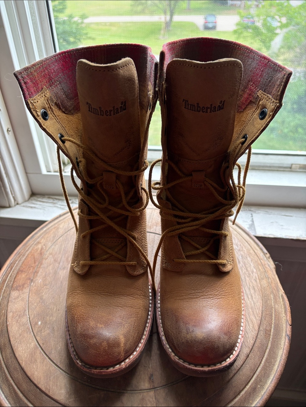 Timberland Brown Tan Leather Lace-Up Heeled Boots with Plaid Collar Size 7